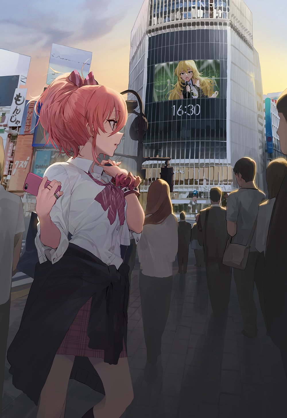 2girls bag bangs black_legwear bow bowtie breasts cellphone city clock clothes_around_waist collared_shirt crowd from_side hair_bow high_ponytail highres holding holding_bag holding_phone hoshii_miki idolmaster idolmaster_(classic) idolmaster_cinderella_girls jewelry jougasaki_mika kneehighs korean_commentary looking_away loose_bowtie medium_breasts mossi multiple_girls outdoors phone pink_hair plaid plaid_skirt ponytail profile ring school_bag school_uniform scrunchie shibuya_(tokyo) shirt short_ponytail skirt sleeves_pushed_up smartphone standing striped striped_bow sweater_around_waist team_cendrillon twilight white_shirt wing_collar wrist_scrunchie