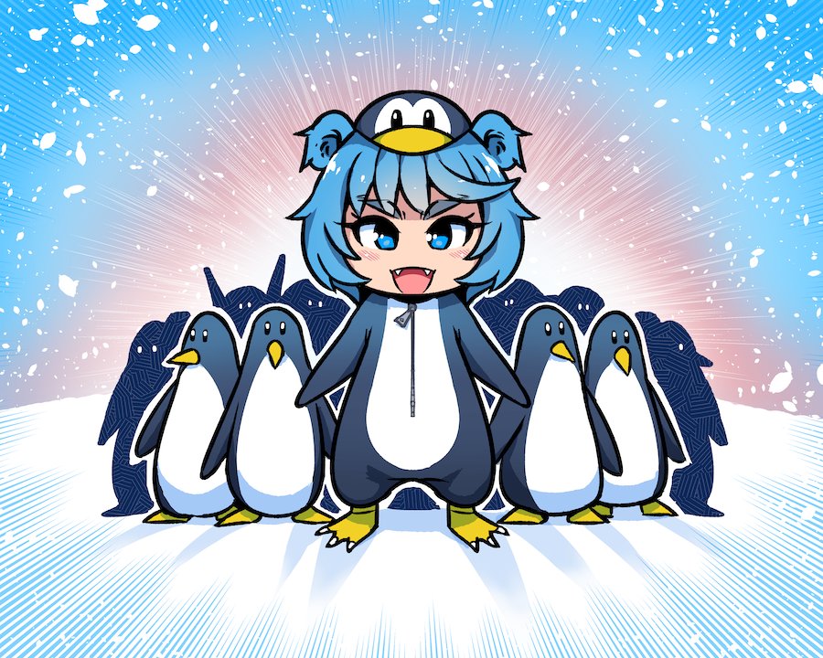 1girl akairiot animal animal_costume bird blue_eyes blue_hair chibi eyebrows_visible_through_hair fangs frostbite-chan_(akairiot) frostbite_(tournament) full_body hat looking_at_viewer no_nose open_mouth penguin penguin_costume smile snow snowing standing zipper zipper_pull_tab