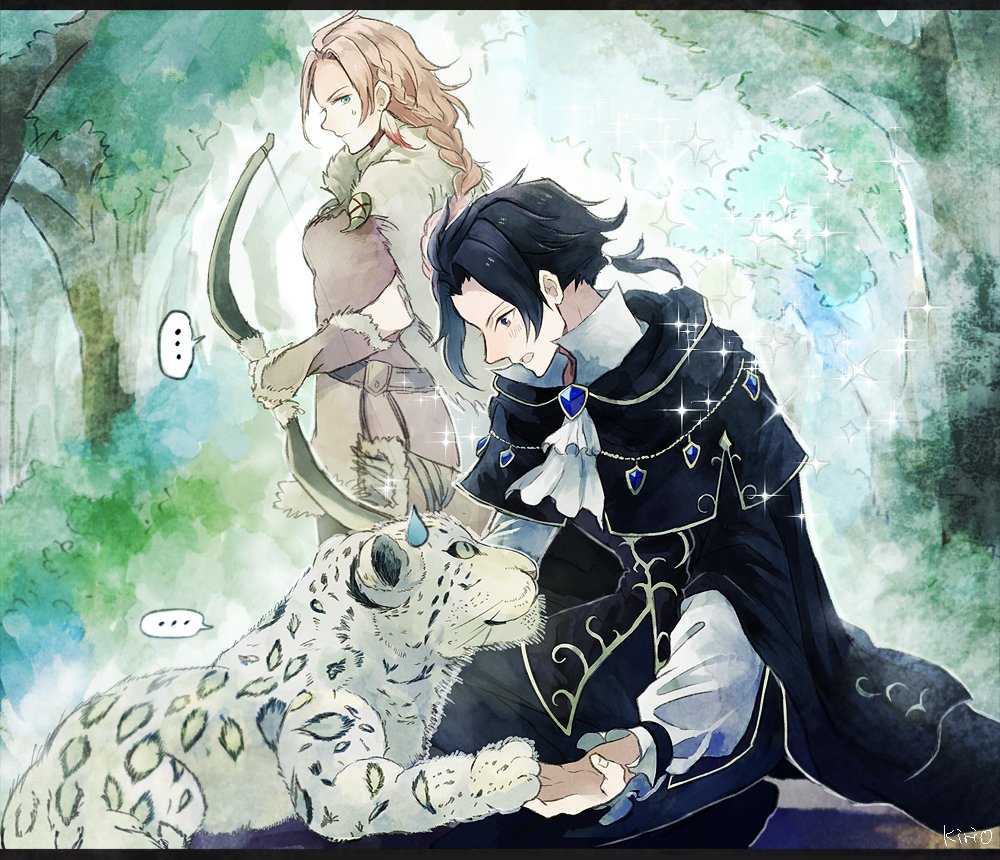 1boy 1girl animal black_hair blonde_hair braid braided_ponytail brown_hair cyrus_(octopath_traveler) fur_trim gloves h'aanit_(octopath_traveler) jewelry linde_(octopath_traveler) long_hair necklace octopath_traveler okii ponytail short_hair simple_background smile snow_leopard