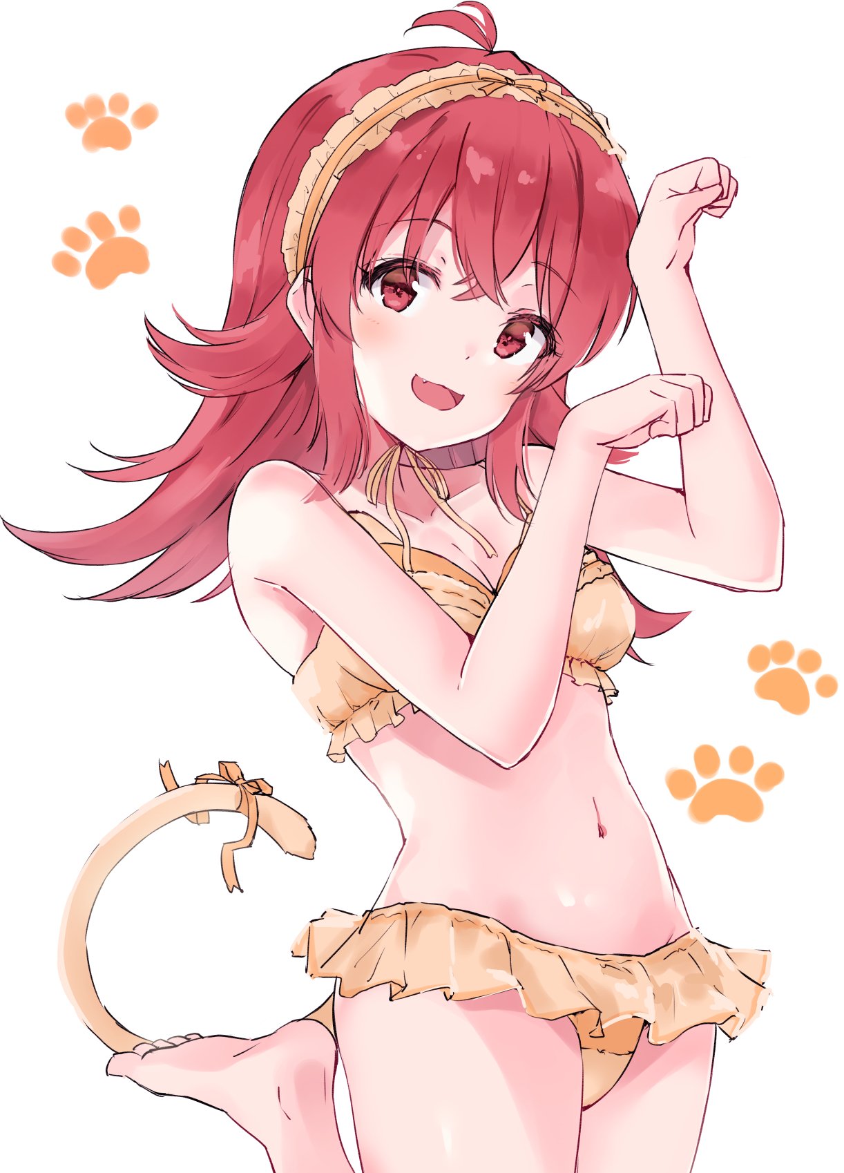 1girl :d antenna_hair bare_arms bare_shoulders bikini bikini_skirt breasts cat_tail cleavage collarbone commentary cowboy_shot fang frilled_bikini frills hairband hands_up head_tilt highres idolmaster idolmaster_shiny_colors komiya_kaho leg_up long_hair looking_at_viewer minikon navel open_mouth orange_bikini orange_ribbon paw_pose paw_print red_eyes redhead ribbon simple_background small_breasts smile solo standing standing_on_one_leg stomach swimsuit tail tail_ribbon thighs white_background