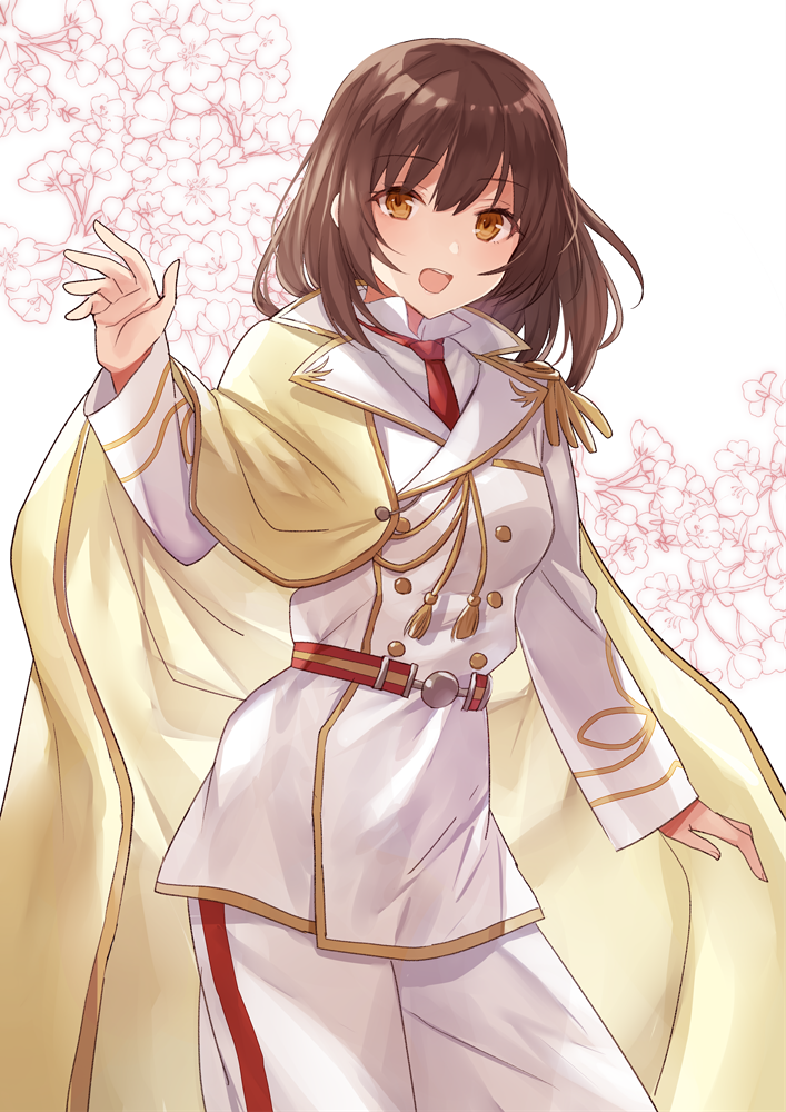 1girl :d ayazuki_mei bangs belt brown_eyes brown_hair cape collared_shirt cowboy_shot double-breasted floral_background hand_up long_hair long_sleeves looking_at_viewer meiji_tokyo_renka military military_uniform necktie open_mouth pants red_neckwear shirt sidelocks smile solo standing tassel undershirt uniform upper_teeth white_background white_pants white_shirt wing_collar yellow_cape yuzuki_karu