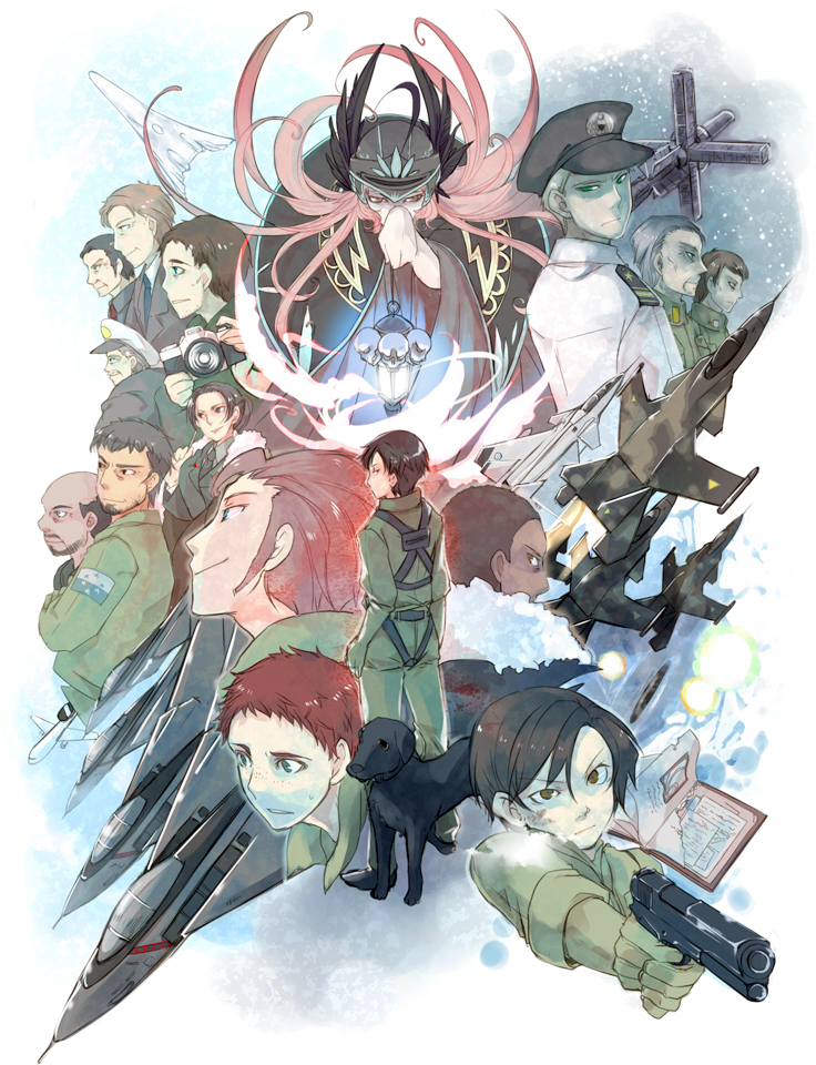 2girls 6+boys ace_combat ace_combat_5 aircraft airplane albert_genette alvin_h_davenport arkbird artist_request black_hair book brown_hair camera captain_andersen captain_snow_(ace_combat_5) dark_skin dog e-767 everyone f-14_tomcat fighter_jet freckles gun hans_grimm hat holding jack_bartlett jet kei_nagase lantern military military_hat military_uniform military_vehicle multiple_boys multiple_girls pilot_suit pops_(ace_combat_5) razgriz redhead s-32 satellite snow uniform weapon