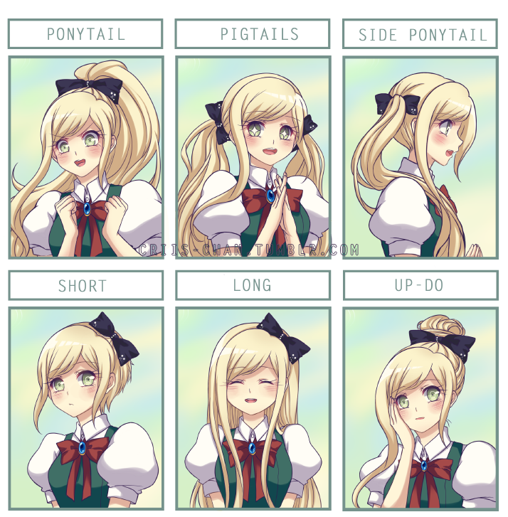 1girl :d alternate_hair_length alternate_hairstyle black_bow blonde_hair bow bowtie criis-chan dangan_ronpa green_eyes hair_bow hand_on_own_cheek high_ponytail long_hair looking_at_viewer open_mouth print_bow red_bow red_neckwear shirt short_hair short_sleeves side_ponytail smile sonia_nevermind sparkling_eyes super_dangan_ronpa_2 tied_hair twintails upper_body very_long_hair watermark web_address white_shirt