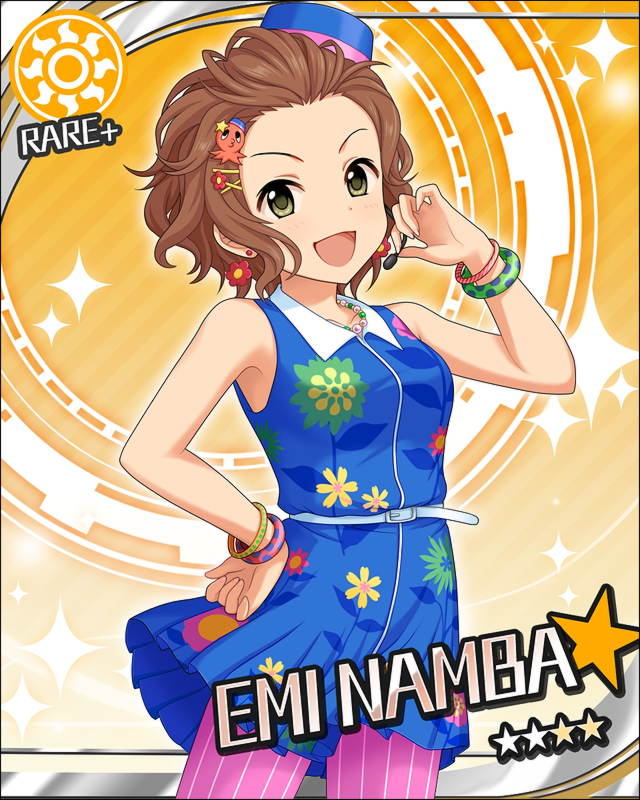 blush brown_eyes brown_hair character_name dress idolmaster idolmaster_cinderella_girls namba_emi short_hair smile stars