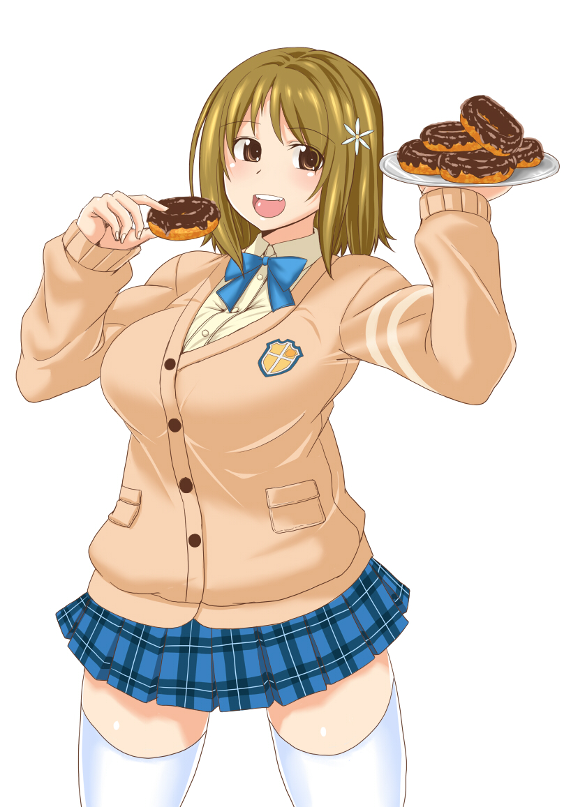 1girl belly bow breasts brown_hair cardigan curvy doughnut eating food hair_ornament hairclip idolmaster idolmaster_cinderella_girls large_breasts mimura_kanako musasinodaichi plump short_hair skirt solo thigh-highs