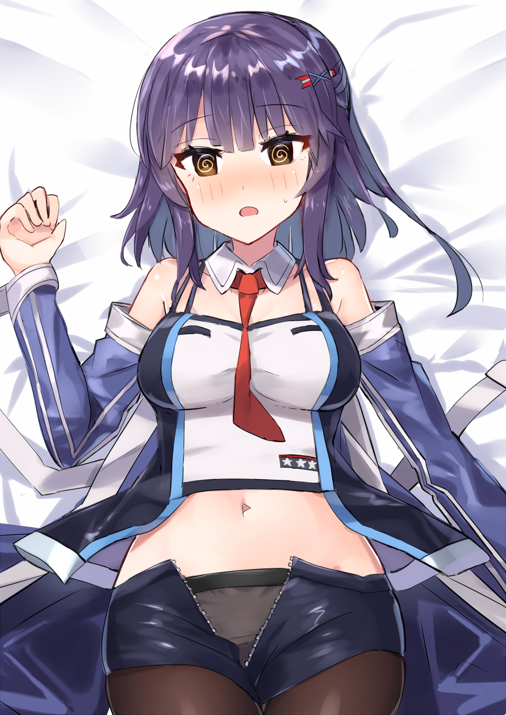 1girl :o @_@ azur_lane bangs bare_shoulders bed_sheet black_shorts blue_jacket blush breasts brown_legwear commentary_request cowboy_shot crop_top dakimakura detached_collar hair_ornament hairclip hand_up highres jacket long_hair long_sleeves looking_at_viewer lying medium_breasts midriff mullany_(azur_lane) navel necktie nose_blush off_shoulder on_back open_mouth pantyhose purple_hair red_neckwear short_shorts shorts sidelocks solo star stomach sweat unzipped xenonstriker yellow_eyes