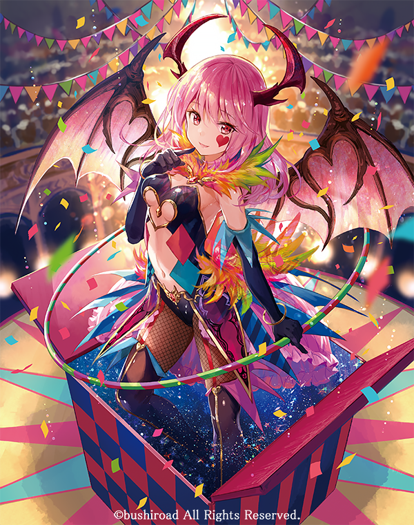 1girl :d armpits bangs bare_shoulders black_footwear black_gloves blurry boots box breasts brown_legwear cardfight!!_vanguard center_opening character_request circus commentary_request confetti demon_girl demon_horns demon_wings depth_of_field elbow_gloves facial_mark fishnet_legwear fishnets fuji_choko gloves hand_up heart hoop horns in_box in_container long_hair looking_at_viewer navel official_art open_mouth pink_hair red_eyes revealing_clothes small_breasts smile solo standing stomach thigh-highs thigh_boots watermark wings