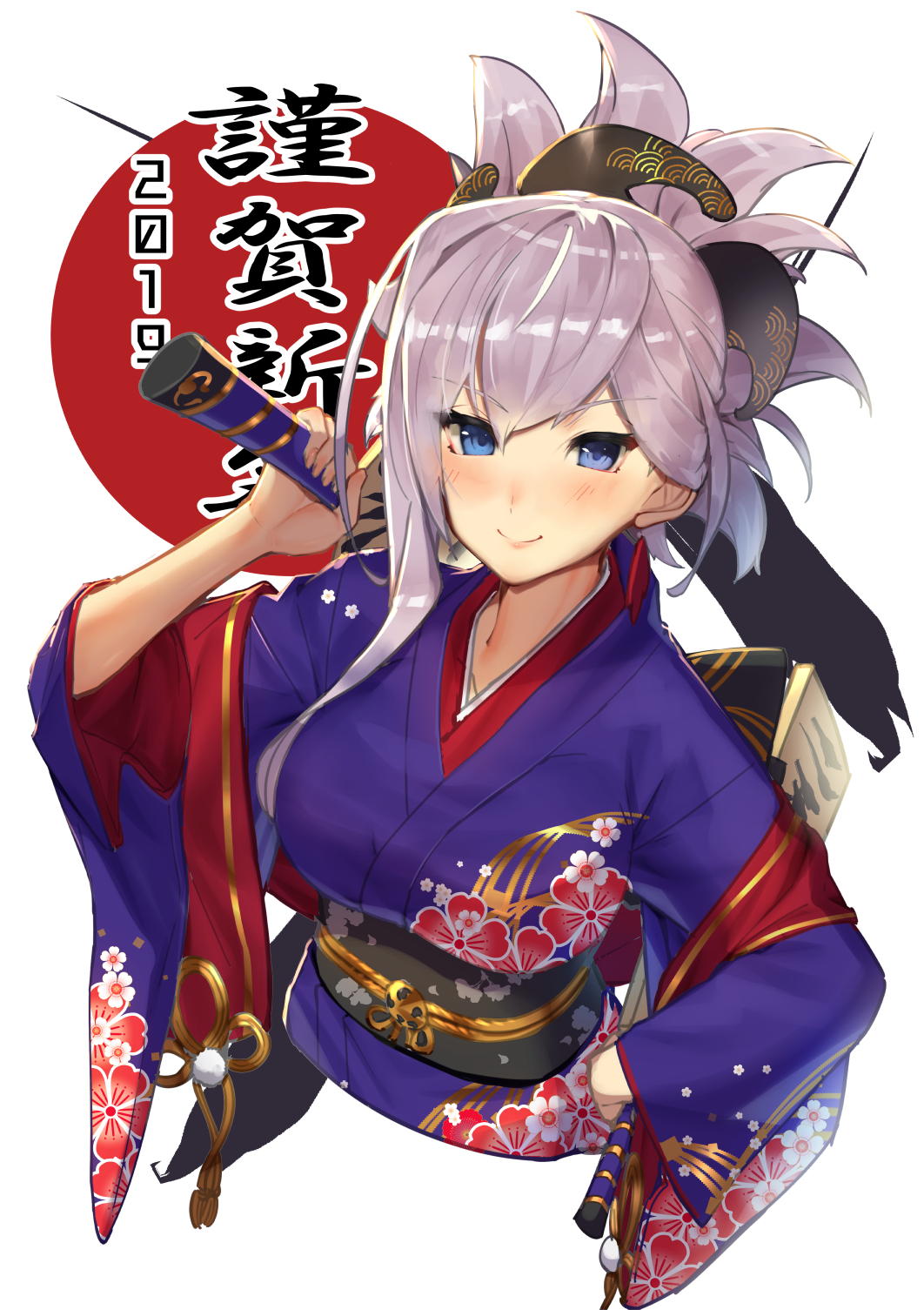 1girl 2019 bangs black_sash blue_eyes blush breasts commentary_request cropped_torso eyebrows_visible_through_hair fate/grand_order fate_(series) floral_print hair_between_eyes hand_on_hip hand_up highres holding holding_sword holding_weapon japanese_clothes kimono large_breasts long_sleeves looking_at_viewer miyamoto_musashi_(fate/grand_order) obi over_shoulder paddle purple_kimono sash short_hair silver_hair single_sidelock smile solo sukocchi sword translated upper_body weapon weapon_over_shoulder wide_sleeves