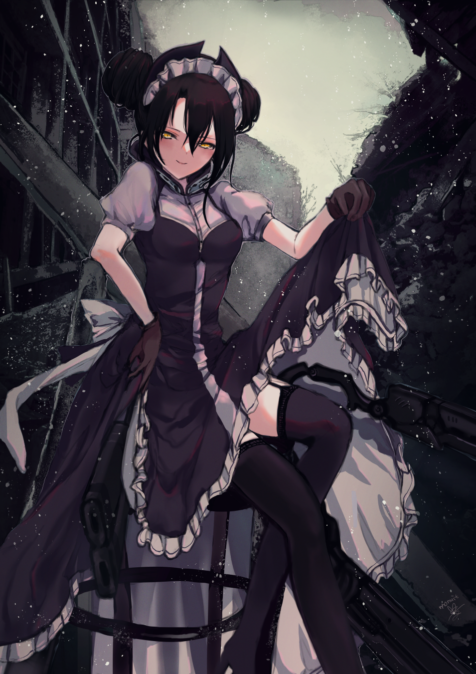 1girl agent_(girls_frontline) bangs black_gloves black_hair black_legwear blush breasts collar double_bun dress frilled_dress frills garter_straps girls_frontline gloves hair_between_eyes highres horns maid_dress maid_headdress outdoors puffy_short_sleeves puffy_sleeves sangvis_ferri short_sleeves signature skirt_hold smile snow snowing solo thigh-highs tsunano_(koi_pink) weapon yellow_eyes