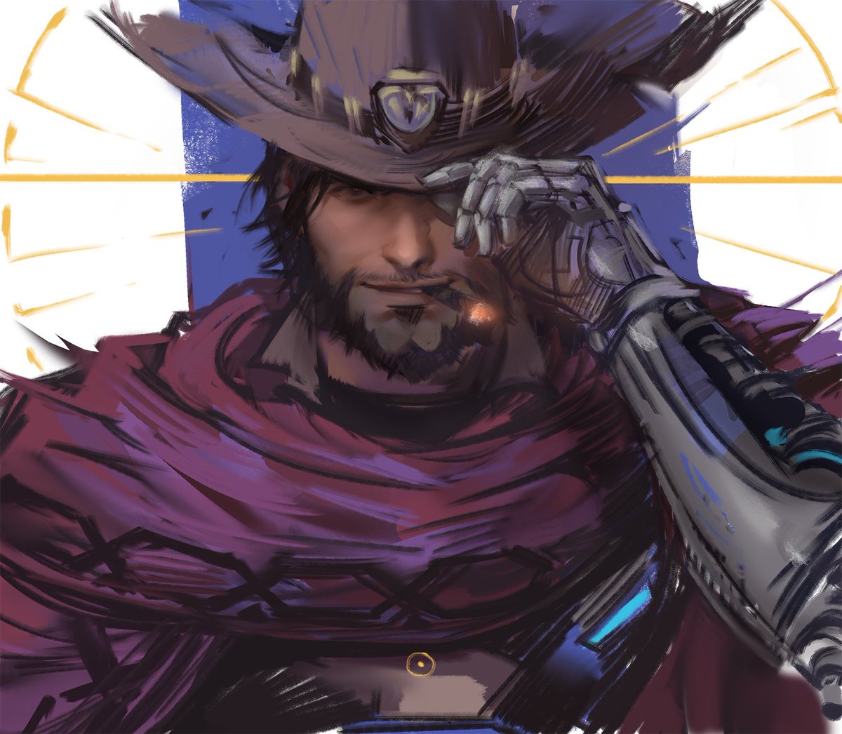 1boy beard black_hair blue_background brown_eyes cigar cowboy_hat facial_hair hand_on_headwear hat jang_ju_hyeon light_smile lips looking_at_viewer male_focus mccree_(overwatch) mechanical_arm overwatch poncho portrait short_hair sketch smoking solo striped striped_background vertical-striped_background vertical_stripes white_background