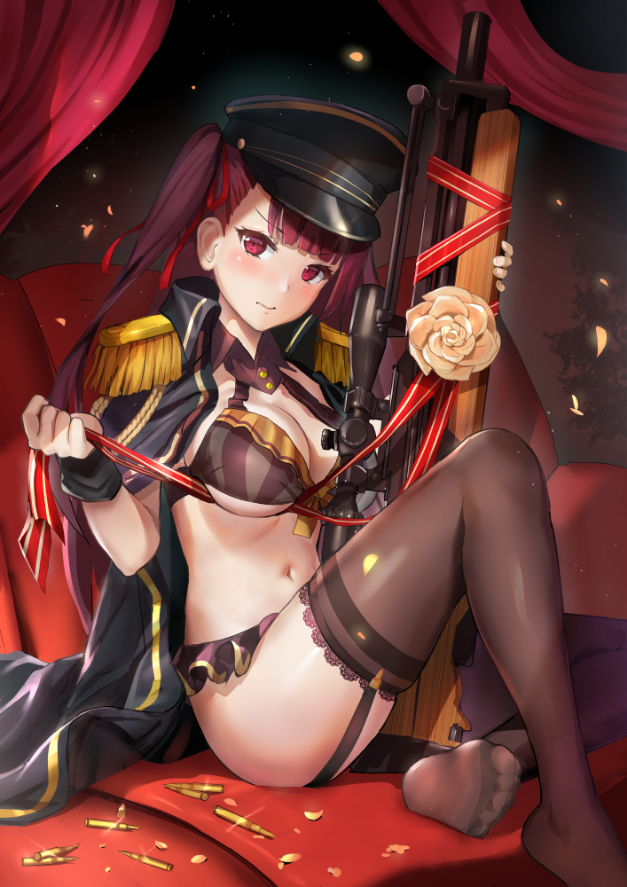 1girl bangs bikini black_bikini black_hat black_jacket black_legwear blunt_bangs blush breasts bullpup cartridge cleavage couch epaulettes eyebrows_visible_through_hair garter_straps girls_frontline glint gun hair_ribbon hat holding holding_gun holding_weapon jacket jacket_on_shoulders knee_up lace lace-trimmed_legwear large_breasts long_hair looking_at_viewer military_jacket navel night night_sky no_shoes on_couch one_side_up open_clothes open_jacket peaked_cap purple_hair qian_wu_atai red_ribbon ribbon rifle sitting sky sniper_rifle soles solo stomach striped swimsuit thigh-highs unbuttoned v-shaped_eyebrows vertical-striped_bikini vertical_stripes very_long_hair violet_eyes wa2000_(girls_frontline) walther walther_wa_2000 weapon wrist_cuffs
