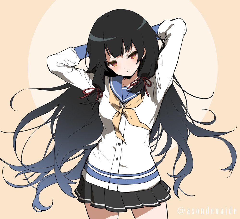 1girl 888myrrh888 arms_behind_head bangs black_hair black_skirt blush buttons closed_mouth eyebrows_visible_through_hair hair_ribbon isokaze_(kantai_collection) kantai_collection long_hair long_sleeves neckerchief pleated_skirt red_eyes ribbon sailor_collar school_uniform serafuku skirt smile solo tress_ribbon twitter_username yellow_background yellow_neckwear