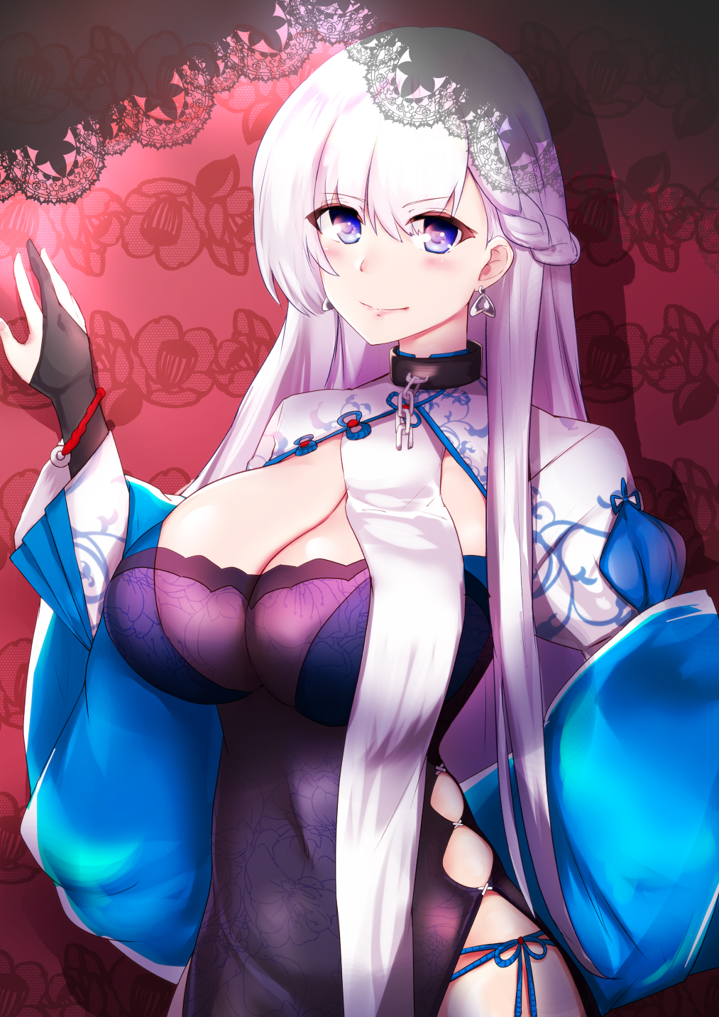 1girl alternate_costume azur_lane belfast_(azur_lane) black_dress black_gloves blue_eyes blush braid breasts chains cleavage cleavage_cutout closed_mouth collar dress earrings elbow_gloves eyebrows_visible_through_hair french_braid gloves heart heart_earrings highres ibara_azuki jewelry large_breasts long_hair long_sleeves looking_at_viewer panties partly_fingerless_gloves pelvic_curtain side-tie_panties side_braid side_slit smile solo string_panties underwear wide_sleeves wristband