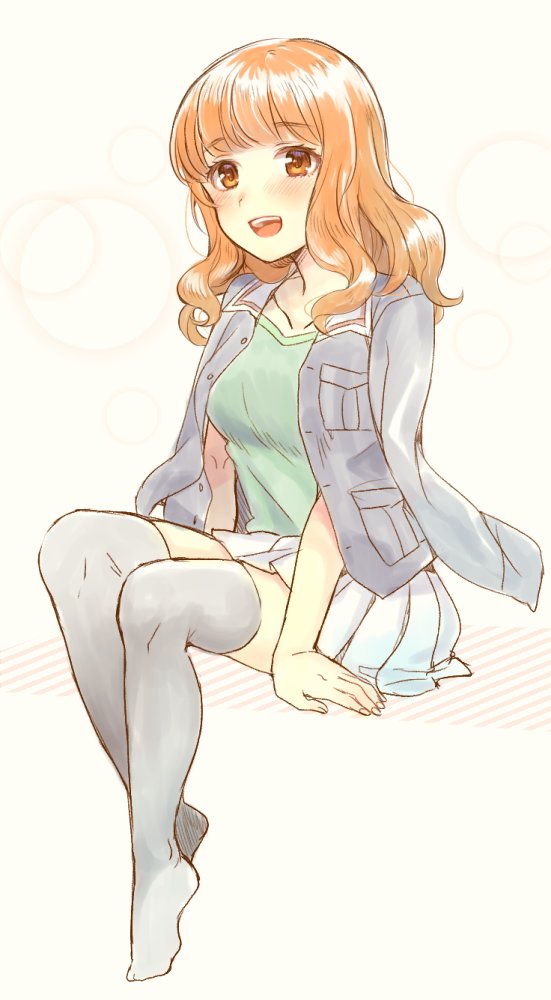 1girl :d arm_support bangs black_legwear blue_jacket blunt_bangs blush commentary eyebrows_visible_through_hair girls_und_panzer green_shirt invisible_chair jacket long_hair long_sleeves looking_at_viewer military military_uniform miniskirt no_shoes ooarai_military_uniform open_mouth orange_eyes orange_hair pleated_skirt shirt sitting skirt smile solo takebe_saori thigh-highs totonii_(totogoya) uniform white_skirt