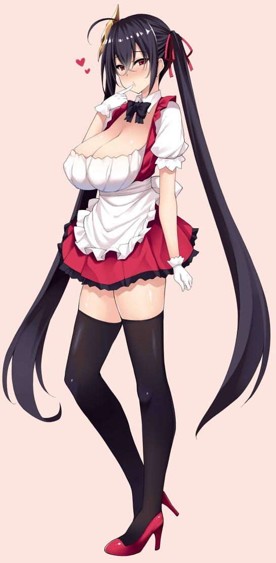 1girl ahoge alternate_costume apron azur_lane bangs black_hair black_legwear blush breasts cleavage crossed_bangs erect_nipples finger_to_mouth frilled_apron frills full_body gloves hair_between_eyes hair_ribbon heart high_heels kusano_(torisukerabasu) large_breasts long_hair looking_at_viewer looking_to_the_side maid_apron maid_dress mask mask_on_head nose_blush puffy_sleeves red_eyes red_ribbon ribbon short_sleeves solo standing taihou_(azur_lane) thigh-highs tied_hair twintails very_long_hair white_apron white_gloves
