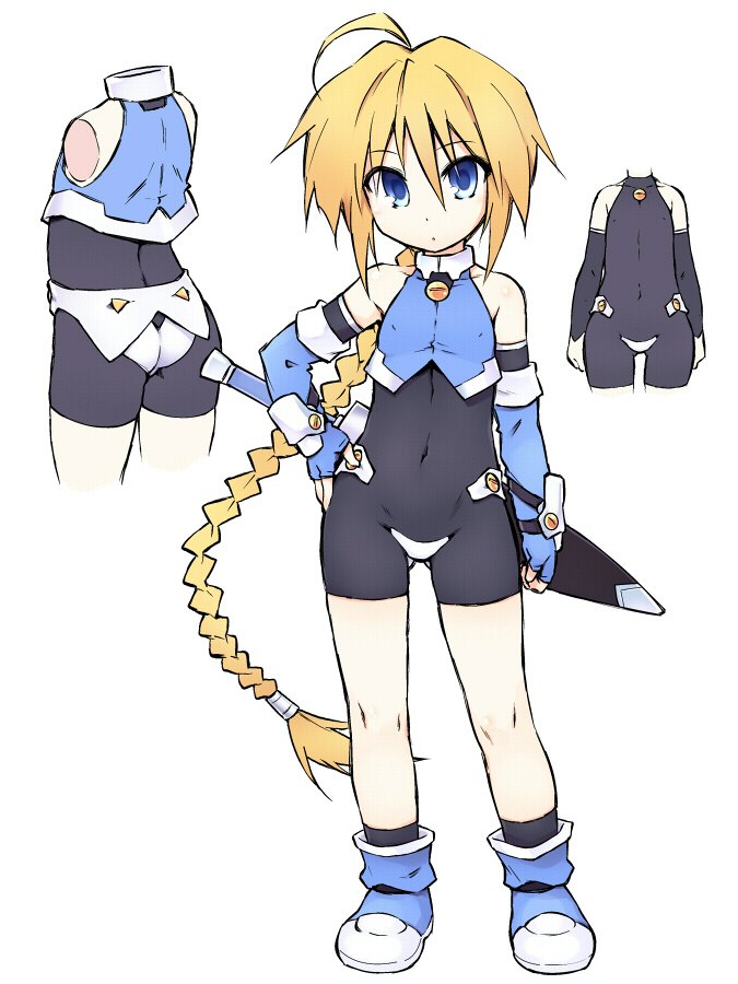 1girl ahoge arm_warmers ass bike_shorts blonde_hair blue_eyes blue_footwear blue_gloves blue_shirt bodysuit boots braid covered_navel crop_top crotch_plate elbow_gloves full_body girl_with_a_blonde_braid_(tomoshibi_hidekazu) gloves hand_on_hip long_hair original ponytail sheath sheathed shirt simple_background sleeveless sleeveless_shirt solo sword tomoshibi_hidekazu very_long_hair weapon white_background