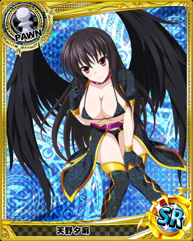 1girl bikini bikini_under_clothes black_bikini black_gloves black_hair black_legwear black_wings blush breasts card_(medium) character_name chess_piece cleavage gloves high_school_dxd large_breasts leaning_forward long_hair looking_at_viewer official_art pawn pink_eyes purple_belt purple_collar raynare smile solo swimsuit thigh-highs thigh_gap trading_card under_boob wings