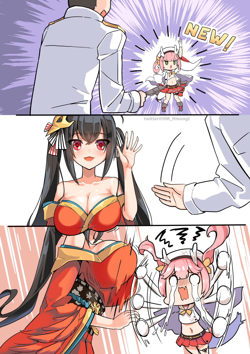 2girls 3koma azur_lane bangs beret black_hair blush bow breast_envy breasts cleavage collarbone comic commander_(azur_lane) crop_top crying crying_with_eyes_open dragon_girl dragon_horns dragon_tail eyebrows_visible_through_hair flailing gloves hair_between_eyes hair_bow hat highres horns jacket japanese_clothes kimono large_breasts long_hair long_sleeves mask mask_on_head midriff military_jacket multiple_girls navel neckerchief off_shoulder orange_neckwear phandit_thirathon pink_hair pleated_skirt red_eyes red_kimono red_skirt ryuujou_(azur_lane) shirt silent_comic skirt streaming_tears striped striped_bow taihou_(azur_lane) tail tears twintails twitter_username very_long_hair white_gloves white_hat white_jacket white_shirt wide_sleeves