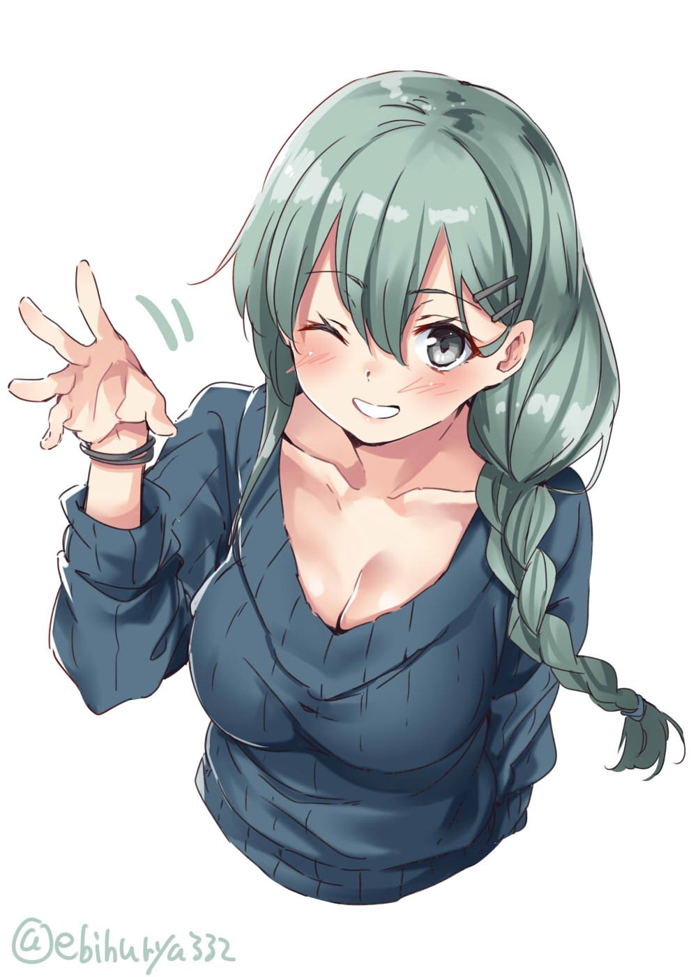 1girl alternate_costume alternate_hairstyle aqua_hair blue_sweater blush braid breasts closed_mouth ebifurya eyebrows_visible_through_hair grey_eyes hair_between_eyes hair_ornament hairclip highres kantai_collection large_breasts one_eye_closed simple_background single_braid smile solo suzuya_(kantai_collection) sweater white_background