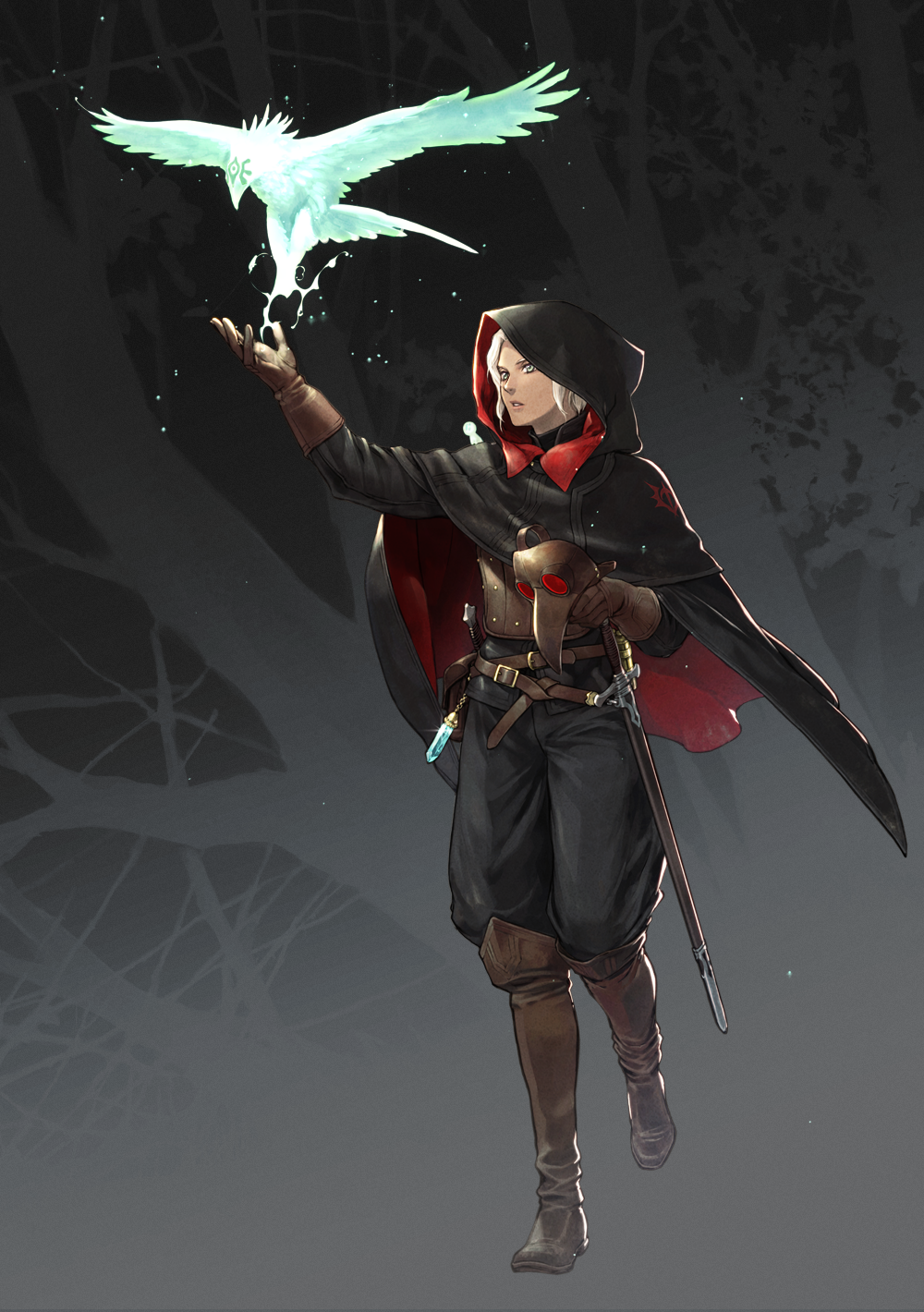1boy belt bird boots cloak commentary_request full_body gloves highres hood hood_up knee_boots magic male_focus mask mask_removed original pixiv_fantasia_last_saga plague_doctor_mask sankyou scabbard sheath sheathed solo sword weapon white_hair