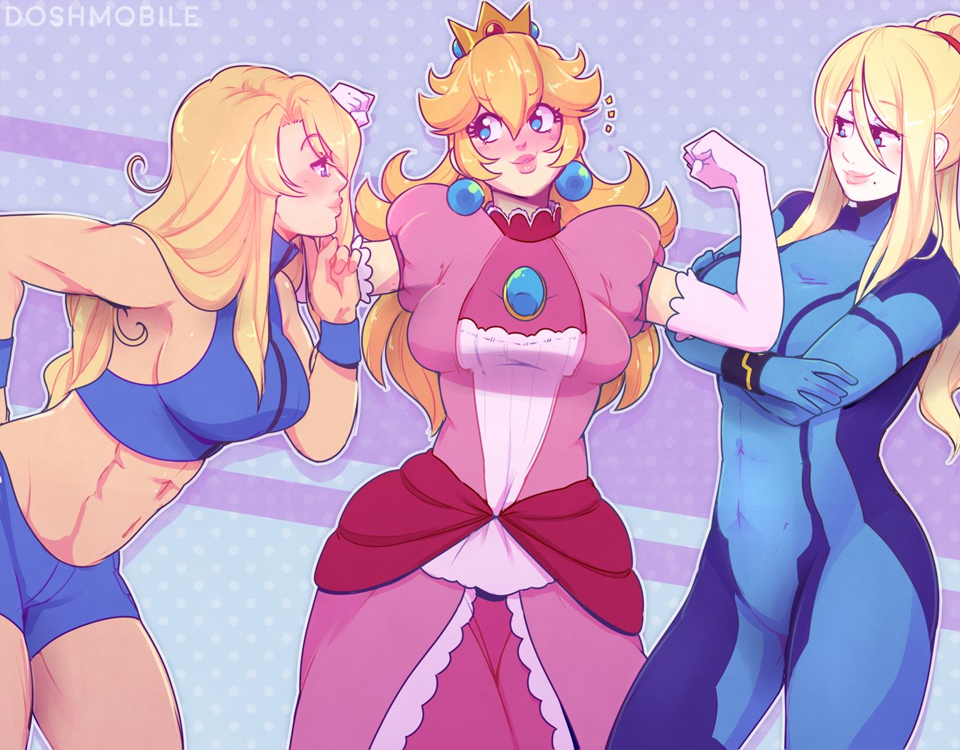 3girls abs artist_name blonde_hair blue_eyes blush breasts crop_top crown dosh dress dual_persona elbow_gloves flexing gloves hair_over_one_eye hand_on_hip heart leaning_forward long_hair looking_at_viewer super_mario_bros. metroid metroid_fusion midriff mini_crown mole mole_under_mouth multiple_girls muscle muscular_female navel nintendo pink_dress ponytail pose princess_peach raised_eyebrows samus_aran short_shorts shorts sideboob sleeveless smile super_mario_bros. super_smash_bros. super_smash_bros._ultimate toned white_gloves wristband yuri zero_suit