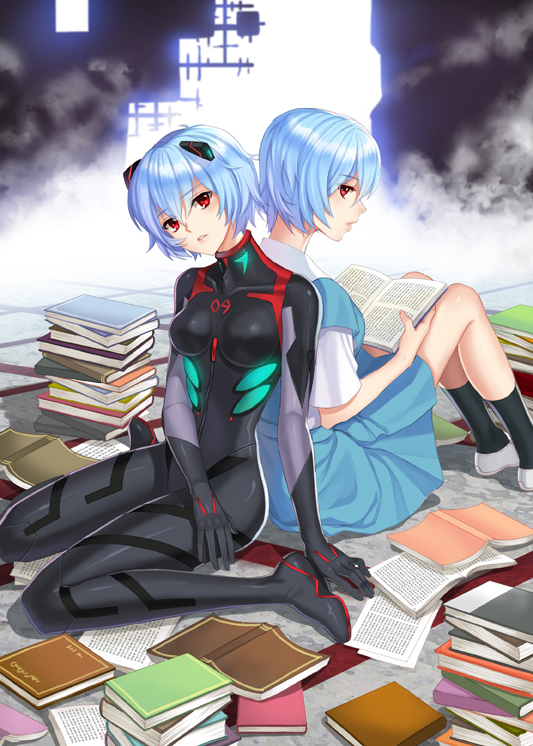 2girls ayanami_rei back-to-back black_bodysuit black_legwear blue_hat blue_skirt bodysuit book breasts briska hat holding indoors looking_at_viewer medium_breasts miniskirt multiple_girls neon_genesis_evangelion open_book rebuild_of_evangelion red_eyes school_uniform shiny shiny_hair shirt short_hair short_sleeves sitting skirt white_footwear white_shirt