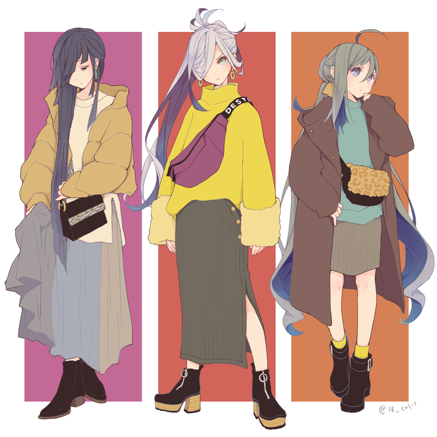 3girls ahoge ankle_boots asashimo_(kantai_collection) bag black_footwear black_hair boots casual closed_eyes coat colis commentary_request earrings grey_eyes grey_hair hair_between_eyes hair_over_one_eye handbag hayashimo_(kantai_collection) high_heel_boots high_heels jacket jewelry kantai_collection kiyoshimo_(kantai_collection) long_skirt multiple_girls one_eye_covered ponytail silver_hair skirt socks winter_clothes winter_coat yellow_legwear
