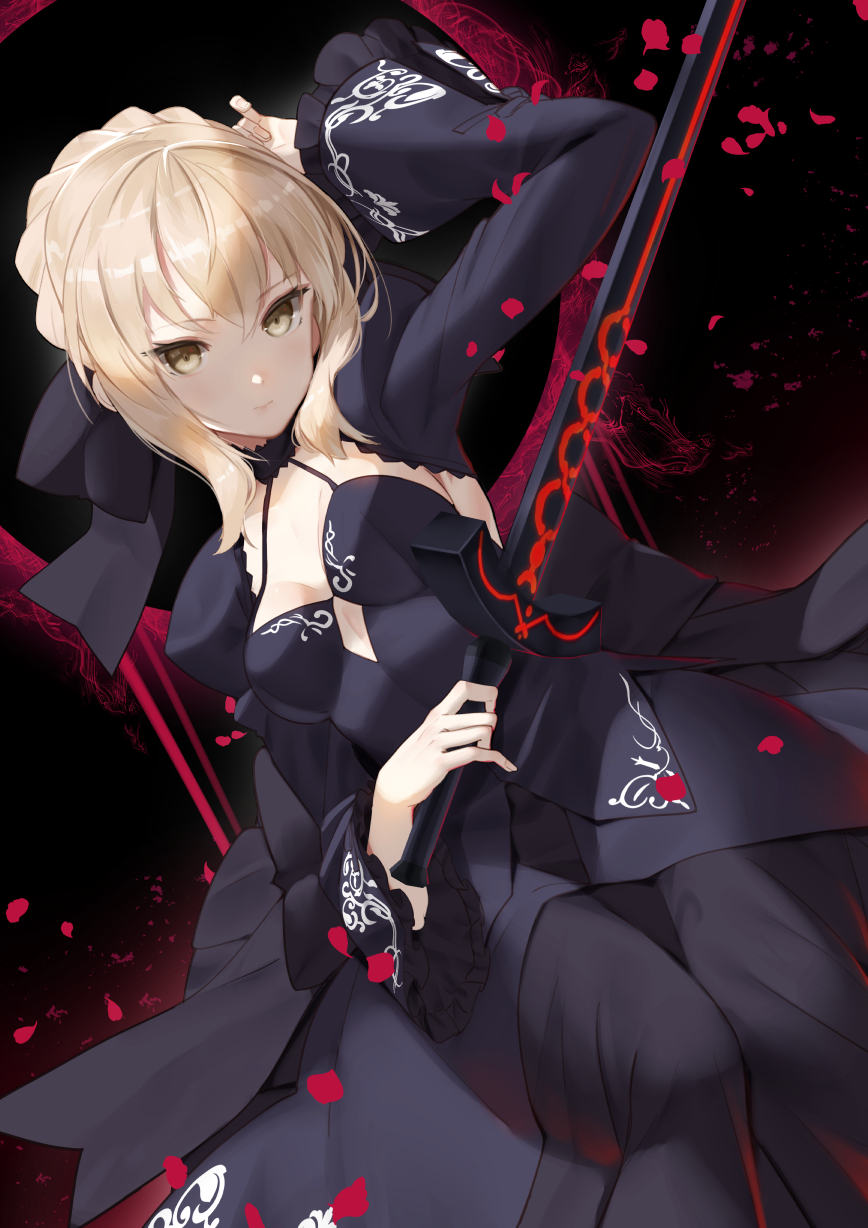 1girl arm_up artoria_pendragon_(all) bangs black_background black_choker black_dress black_ribbon blonde_hair breasts choker commentary_request dress eyebrows_visible_through_hair fate/grand_order fate_(series) feet_out_of_frame hair_between_eyes hair_ribbon highres holding holding_sword holding_weapon juliet_sleeves long_sleeves looking_at_viewer medium_breasts petals puffy_sleeves ribbon rose_petals saber_alter short_hair shrug sidelocks solo sukocchi sword weapon wide_sleeves yellow_eyes
