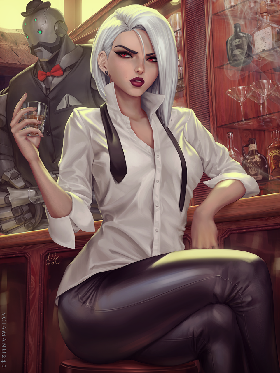 1girl ashe_(overwatch) bow bowtie breasts drink highres open_mouth overwatch red_eyes red_neckwear saloon sciamano240 white_hair