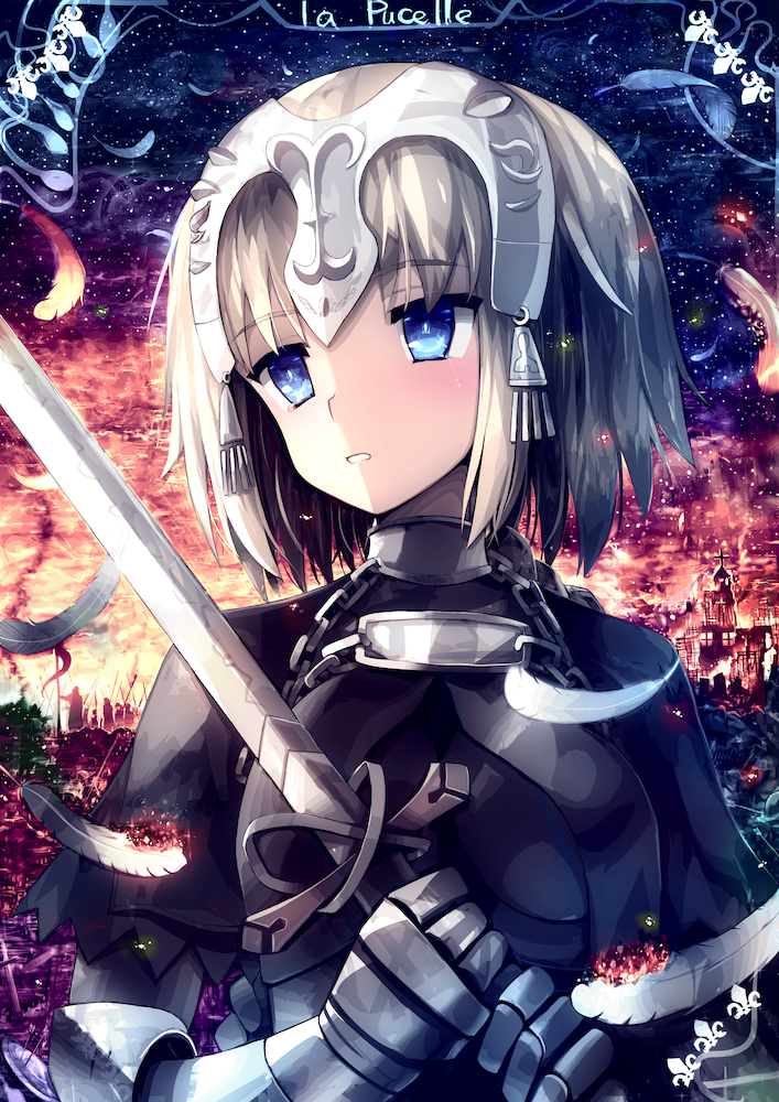 1girl armor armored_dress bangs blonde_hair blue_eyes breasts burning chains commentary_request eyebrows_visible_through_hair fate_(series) feathers fire french gauntlets hair_ornament headpiece holding holding_sword holding_weapon jeanne_d'arc_(fate) jeanne_d'arc_(fate)_(all) large_breasts looking_to_the_side short_hair sky solo star sword tearing_up teeth tranquillianusmajor translated upper_body weapon white_feathers