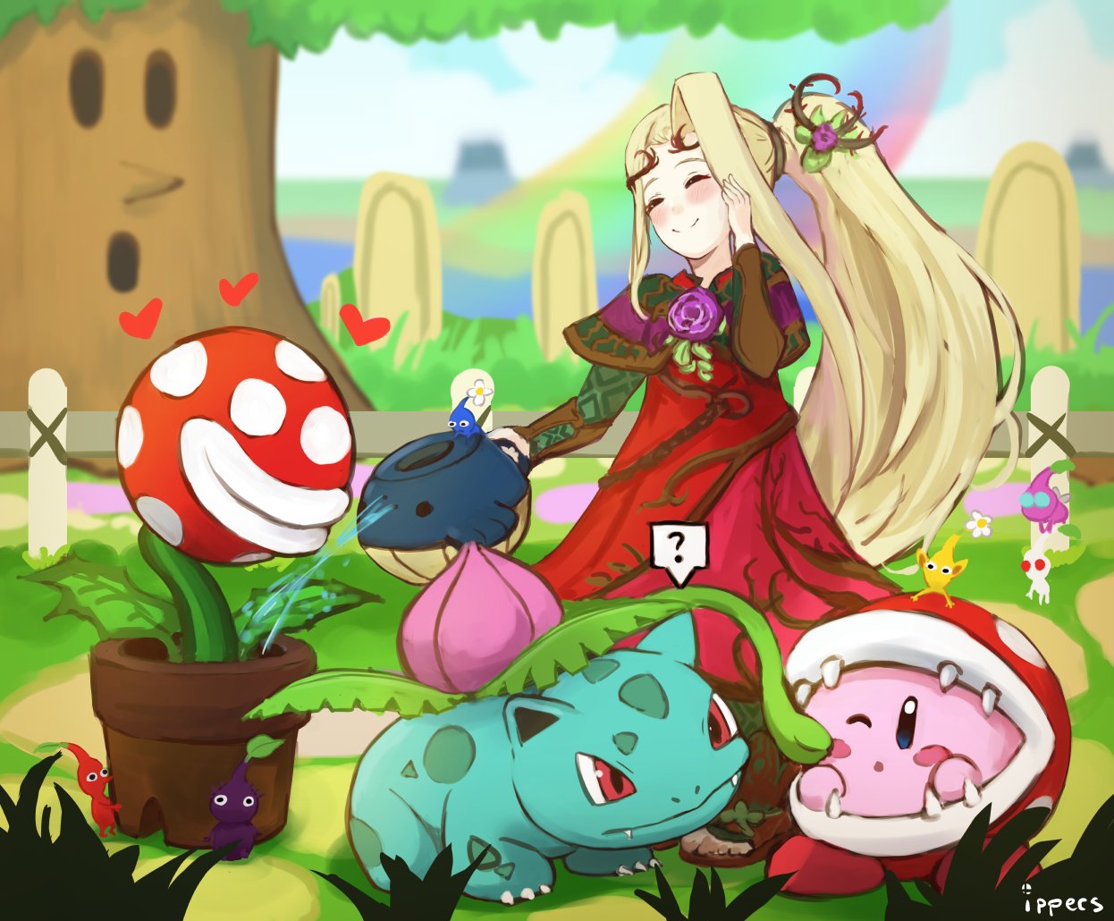 1girl 1other animal blonde_hair blush closed_eyes copy_ability creatures_(company) dress flower game_freak gen_1_pokemon hair_flower hair_ornament hal_laboratory_inc. hat hoshi_no_kirby ippers ivysaur kid_icarus kid_icarus_uprising kirby kirby_(series) long_hair super_mario_bros. nachure nintendo ohmoto_makiko open_mouth pikmin_(creature) pikmin_(series) piranha_plant pokemon pokemon_(creature) pokemon_(game) ponytail seiyuu_connection side_ponytail smile sora_(company) spikes super_mario_bros. super_smash_bros. super_smash_bros._ultimate teeth very_long_hair water