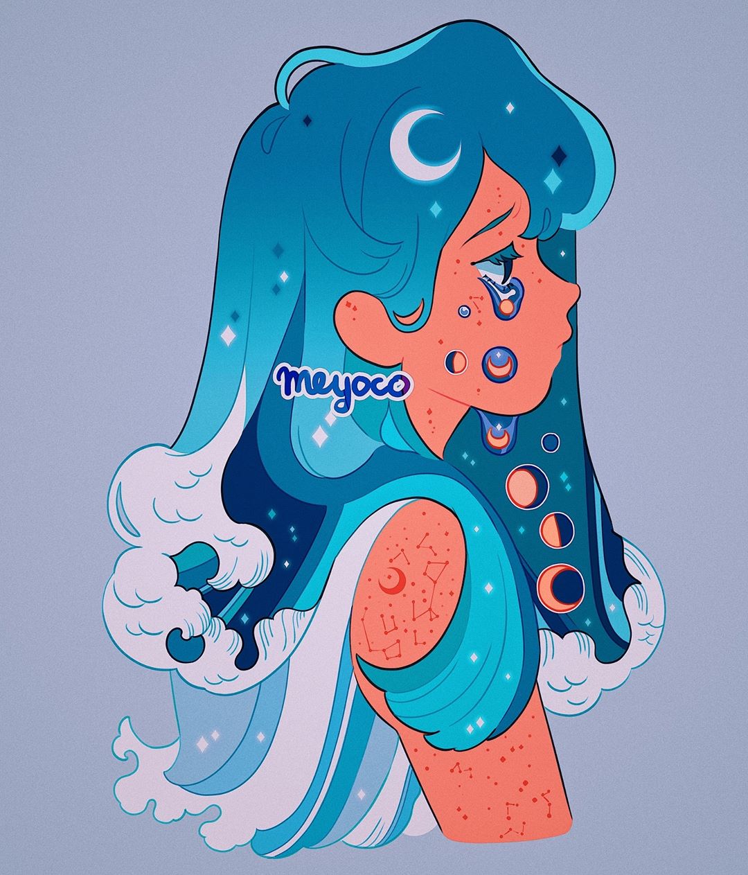 1girl artist_name blue_hair constellation crescent_moon cropped_torso crying crying_with_eyes_open full_moon gibbous_moon grey_background half_moon highres liquid liquid_hair long_hair meyoco moon moon_phases original profile simple_background solo sparkle star_(sky) tears