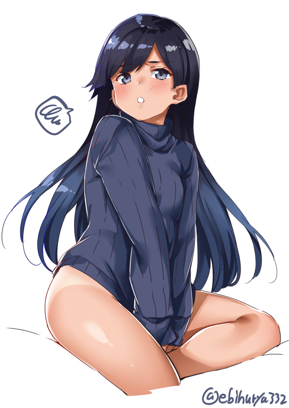 1girl alternate_costume black_hair blue_eyes blue_sweater blush breasts covering covering_crotch ebifurya eyebrows_visible_through_hair hair_between_eyes highres i-400_(kantai_collection) kantai_collection long_hair long_sleeves looking_at_viewer no_panties no_pants open_mouth simple_background small_breasts solo sweater tan tanline twitter_username white_background