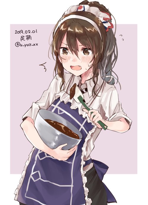 1girl apron ashigara_(kantai_collection) black_skirt border brown_eyes brown_hair character_name commentary_request cowboy_shot dated fang frilled_apron frills hairband kantai_collection long_hair pencil_skirt purple_apron purple_background remodel_(kantai_collection) skirt solo twitter_username two-tone_background u_yuz_xx uniform wavy_hair white_border