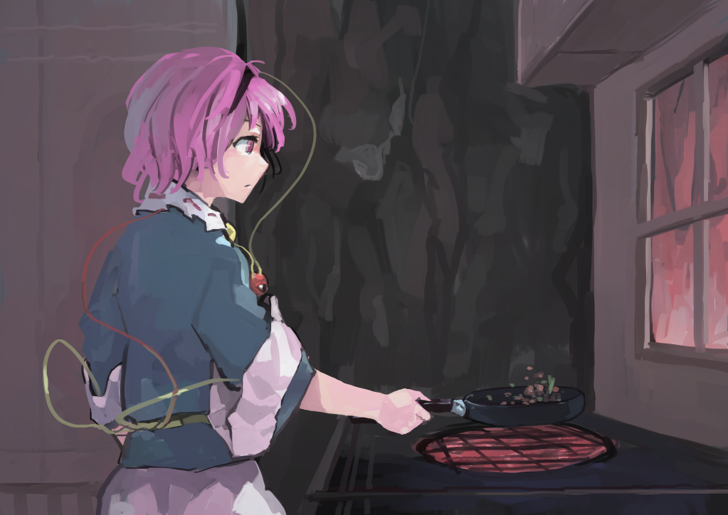 1girl bangs black_hairband blue_shirt commentary cowboy_shot food frilled_shirt_collar frills from_side frying_pan hairband holding holding_frying_pan ichiba_youichi indoors komeiji_satori long_sleeves pink_eyes pink_hair pink_skirt profile shirt skirt sleeves_rolled_up solo standing stove third_eye touhou window