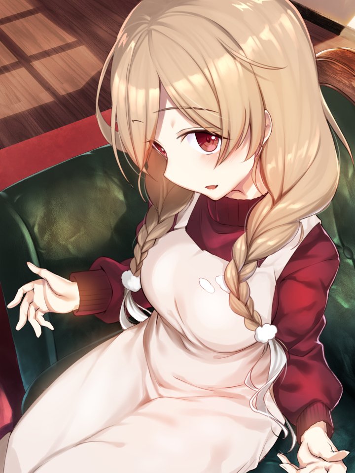 1girl braid cloud_hair_ornament commentary_request couch cowboy_shot dress from_above gradient_hair grey_dress kantai_collection light_brown_hair long_hair looking_at_viewer minegumo_(kantai_collection) multicolored_hair open_mouth red_eyes red_sweater sitting smile solo sweater turtleneck twin_braids youmou_usagi