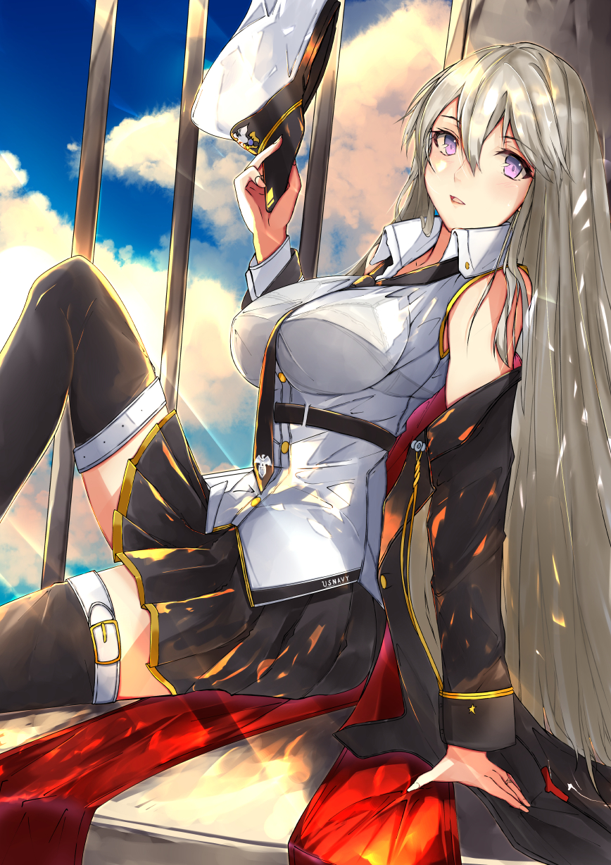 1girl azur_lane belt black_belt black_bra black_coat black_neckwear bra breasts clouds cloudy_sky coat collared_shirt commentary_request enterprise_(azur_lane) eyebrows_visible_through_hair hat highres jewelry large_breasts long_hair military miniskirt necktie open_clothes open_coat otsunabe_(naabe_delta) peaked_cap reclining ring see-through shirt silver_hair skirt sky sleeveless sleeveless_shirt solo underbust underwear violet_eyes wedding_band white_hat