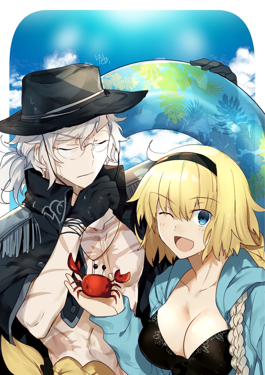 1boy 1girl animal bag black_coat black_gloves black_hairband black_hat black_swimsuit blonde_hair blue_eyes blue_jacket blush braid breasts cleavage closed_eyes clouds coat collarbone crab day edmond_dantes_(fate/grand_order) eyebrows_visible_through_hair fate/grand_order fate_(series) glasses gloves hair_between_eyes hair_ornament hair_ribbon hairband hat highres holding holding_animal hood hooded_jacket innertube jacket jacket_on_shoulders jeanne_d'arc_(fate)_(all) jeanne_d'arc_(swimsuit_archer) large_breasts long_hair looking_at_viewer monte_cristo_selection nikame one_eye_closed open_mouth ponytail ribbon scar shirtless signature single_braid sky smile swimsuit white_hair