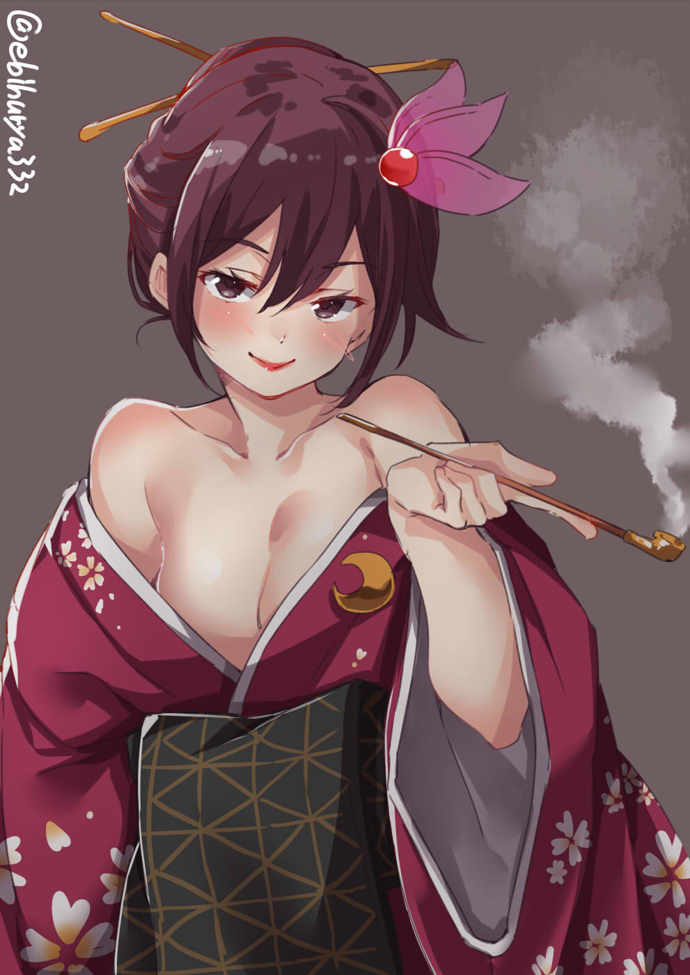 1girl alternate_costume arm_at_side bangs bare_shoulders breasts brown_background brown_eyes brown_hair crescent crescent_moon_pin ebifurya eyebrows_visible_through_hair floral_print hair_between_eyes hair_ornament hair_up hairpin half-closed_eyes highres japanese_clothes kantai_collection kimono kisaragi_(kantai_collection) kiseru lipstick long_hair looking_at_viewer makeup medium_breasts obi pipe purple_kimono ribbon sash sidelocks smile smoke smoking solo upper_body wide_sleeves yuujo