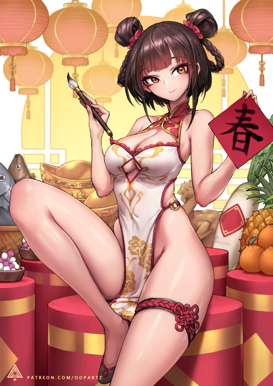 1girl bare_legs bare_shoulders black_hair braid breasts brown_eyes calligraphy_brush china_dress chinese_clothes cleavage cleavage_cutout closed_mouth double_bun dress eyebrows_visible_through_hair eyeliner folded_leg head_tilt highres looking_at_viewer makeup medium_breasts nail_polish no_panties o-ring oopartz_yang original paintbrush pelvic_curtain shiny shiny_skin short_hair smile solo thighlet twin_braids white_dress