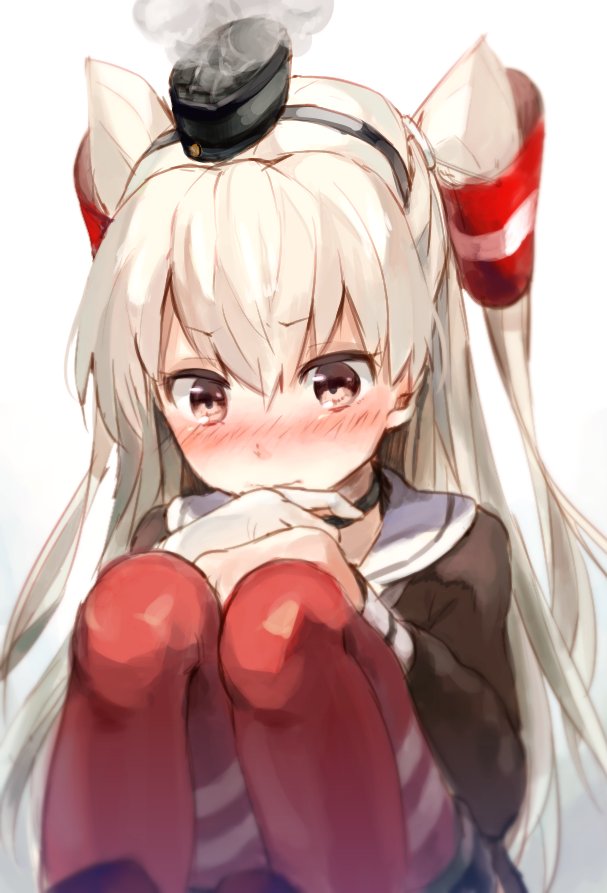 1girl amatsukaze_(kantai_collection) bangs blush brown_eyes closed_mouth dress eyebrows_visible_through_hair gloves hair_between_eyes hair_tubes hat kantai_collection knees_to_chest knees_up long_hair long_sleeves mini_hat sailor_collar sailor_dress senbei_(senbe_i) silver_hair simple_background single_glove smoke smokestack solo striped striped_legwear thigh-highs twintails two_side_up white_background white_gloves