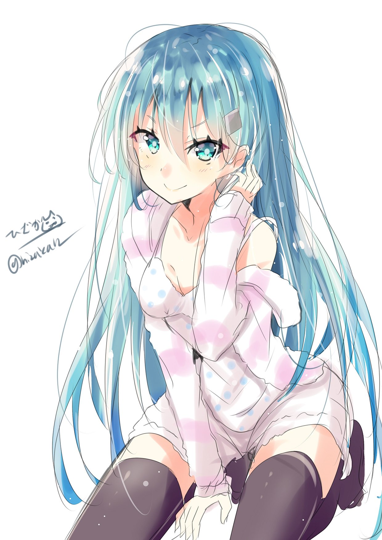 1girl alternate_costume aqua_eyes aqua_hair black_legwear blush breasts eyebrows_visible_through_hair hair_between_eyes hair_ornament hairclip highres hizaka jacket kantai_collection long_hair long_sleeves looking_at_viewer simple_background sitting smile suzuya_(kantai_collection) thigh-highs twitter_username wariza white_background