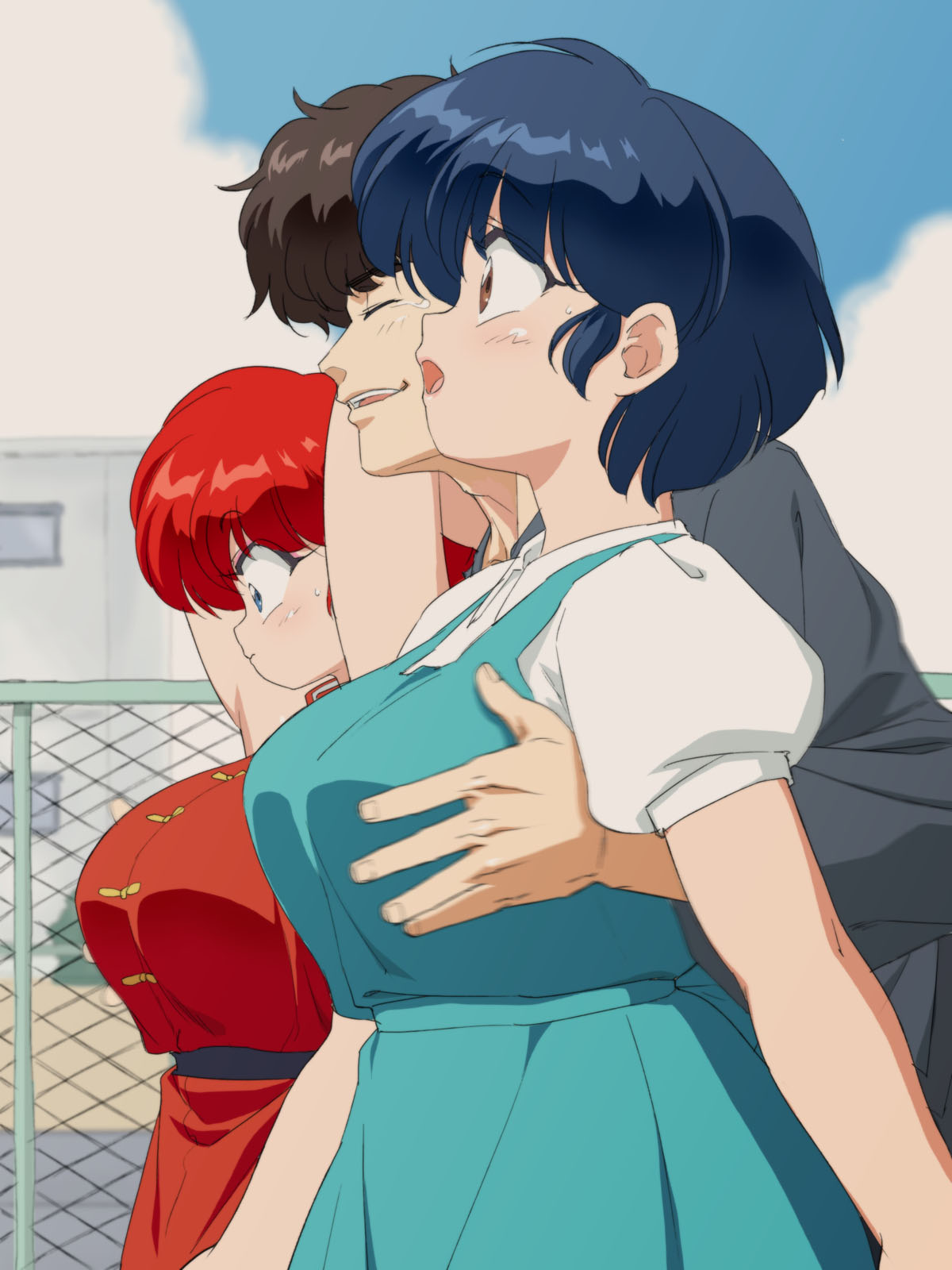 1boy 2girls arms_behind_head arms_up bangs black_shirt blue_eyes blue_hair breast_grab breasts brown_eyes brown_hair building closed_eyes closed_mouth clouds commentary_request day dress embarrassed eyebrows_visible_through_hair fence fingernails from_side fuurinkan_high_school_uniform grabbing green_dress highres kunou_tatewaki large_breasts long_sleeves looking_away looking_down mage_(harumagedon) motion_blur multiple_girls open_mouth outdoors puffy_short_sleeves puffy_sleeves ranma-chan ranma_1/2 red_dress redhead school_uniform shiny shiny_hair shirt short_hair short_sleeves sky smile sweatdrop tendou_akane walking white_shirt wide-eyed