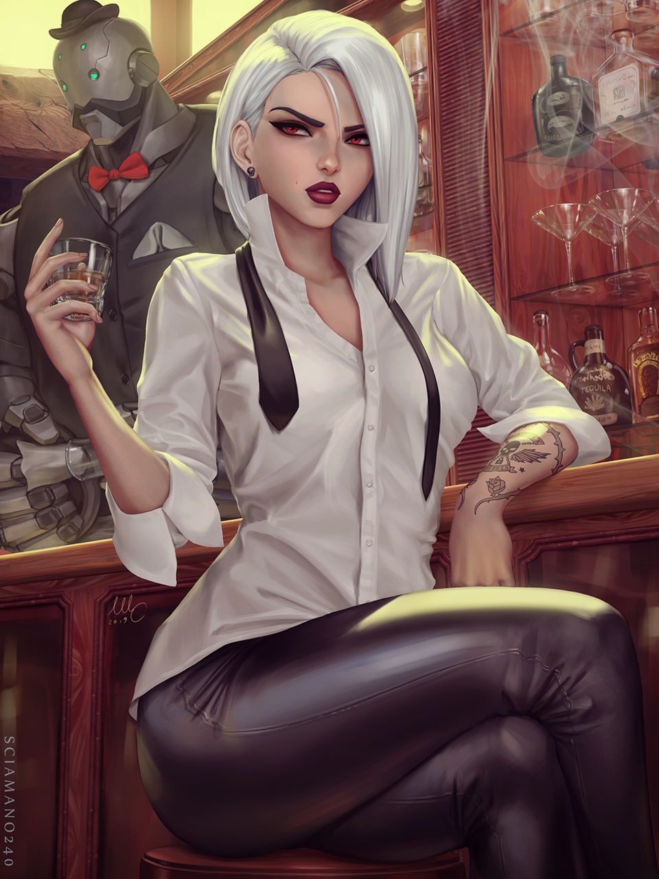 1girl alcohol arm_rest arm_tattoo artist_name ashe_(overwatch) asymmetrical_hair bar black_neckwear black_pants bob_(overwatch) bow bowler_hat bowtie breasts cup drink drinking_glass earrings eyeshadow facial_hair glass hat highres jewelry lipstick looking_to_the_side loose_necktie makeup mini_hat mole mole_above_mouth mustache necktie omnic open_collar overwatch pants parted_lips red_eyes red_neckwear revision robot saloon sciamano240 sitting skull_earrings smoke stool stud_earrings tattoo waistcoat white_hair wine_glass