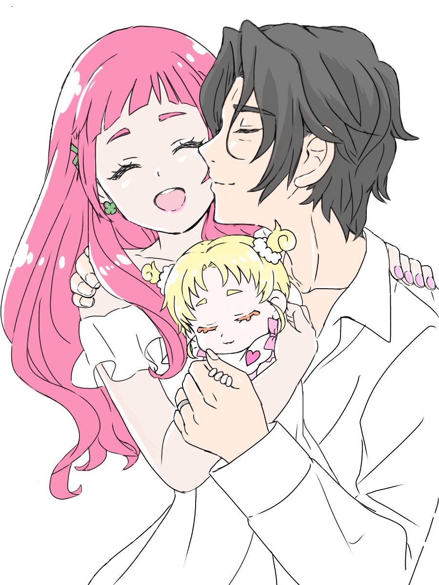 1boy 2girls baby black_hair blonde_hair cheek_kiss closed_eyes father_and_daughter george_kurai hair_ornament hand_holding happy highres hug-tan_(precure) hugtto!_precure husband_and_wife jewelry kiss long_hair mother_and_daughter multiple_girls nono_hana pink_hair precure ring smile spoilers teliot wedding_band