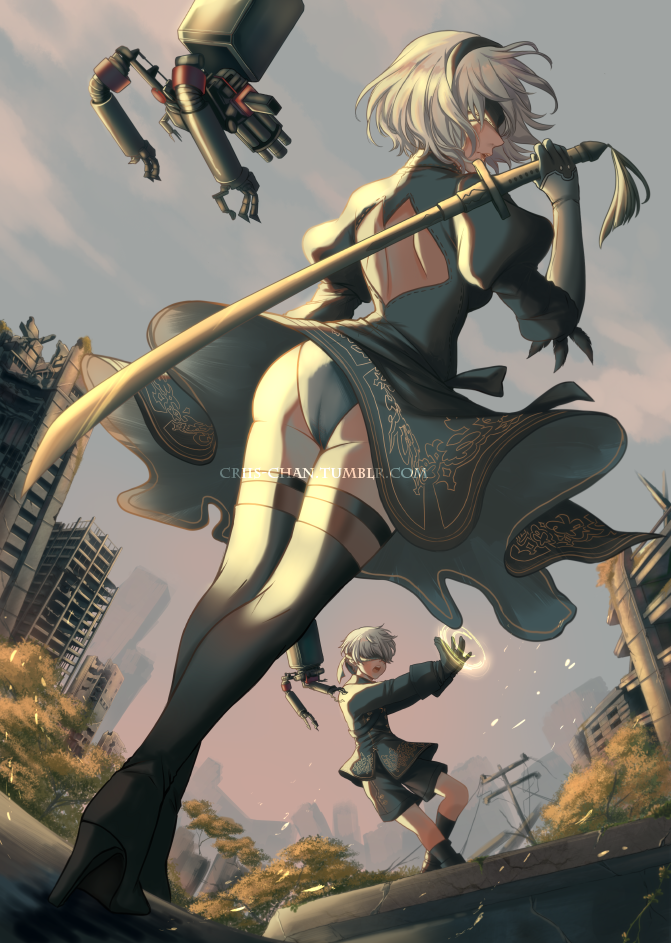 1boy 1girl back_cutout black_gloves black_hairband clouds cloudy_sky criis-chan dress full_body gloves grey_jacket grey_legwear grey_panties grey_shorts hairband high_heels holding holding_sword holding_weapon jacket katana magic mask nier_(series) nier_automata panties short_dress short_hair shorts silver_hair sky standing sword thigh-highs thigh_strap underwear watermark weapon web_address yorha_no._2_type_b yorha_no._9_type_s