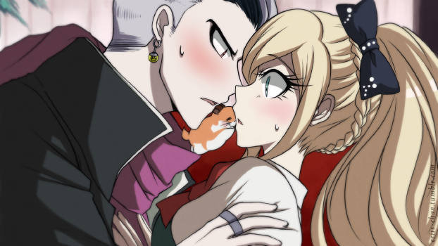 1boy 1girl animal black_bow black_jacket blonde_hair blush bow braid couple criis-chan dangan_ronpa earrings from_side green_eyes hair_bow hamster jacket jewelry long_hair open_mouth ponytail print_bow purple_scarf red_neckwear ring scarf shirt sonia_nevermind super_dangan_ronpa_2 sweatdrop tanaka_gandamu watermark web_address white_shirt