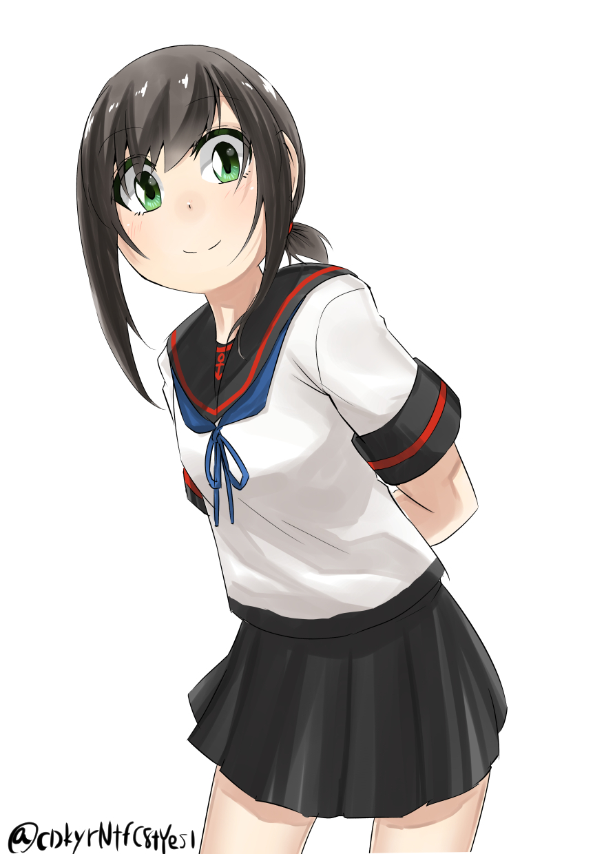 1girl anchor_symbol arms_behind_back black_hair black_sailor_collar black_skirt blue_neckwear fubuki_(kantai_collection) green_eyes highres kantai_collection leaning_forward long_hair looking_at_viewer low_ponytail neckerchief pleated_skirt ponytail remodel_(kantai_collection) sailor_collar school_uniform serafuku short_ponytail sidelocks simple_background skirt smile solo twitter_username v_r_dragon01 white_background