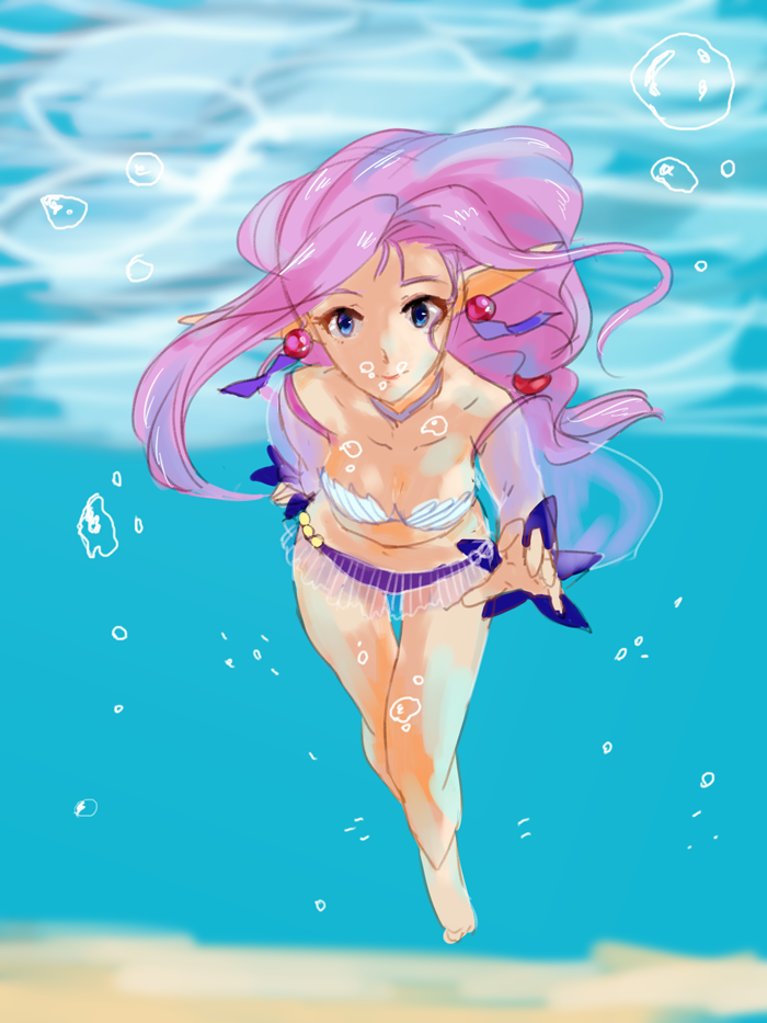 1girl breasts commentary_request earrings grandia grandia_i jewelry liete_(grandia) lio_(lune24) long_hair navel pointy_ears purple_hair smile solo swimsuit underwater