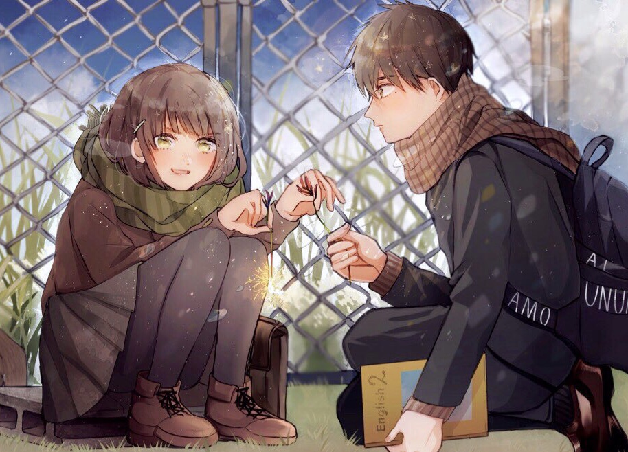 1boy 1girl :d backpack bag black_pants blue_sky blush book bookbag brown_eyes brown_footwear brown_hair brown_scarf brown_skirt chain-link_fence cinder_block fence fireworks gakuran grass green_eyes green_scarf hair_ornament hairclip long_sleeves looking_at_another open_mouth original outdoors pants pantyhose scarf school_uniform sitting skirt sky smile sparkler toomo uniform